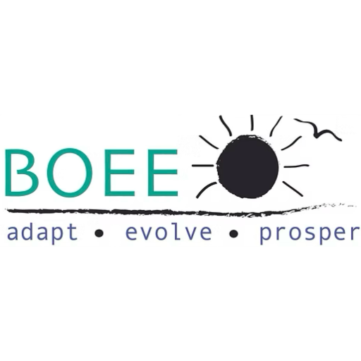 BOEE logo, showing text "BOEE. adapt. evolve. prosper." and a sun rising over land / sea, with a bird flying above the sun.